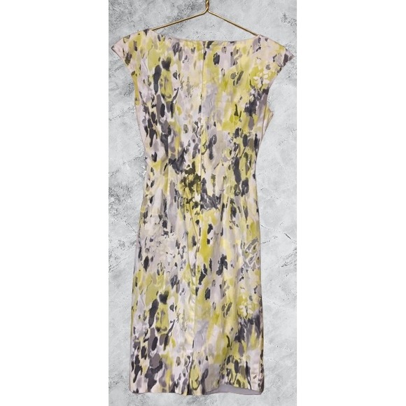 Maggy London Yellow Grey Abstract Watercolor Ruched Sheath Dress Size 2 58142 - Picture 2 of 4